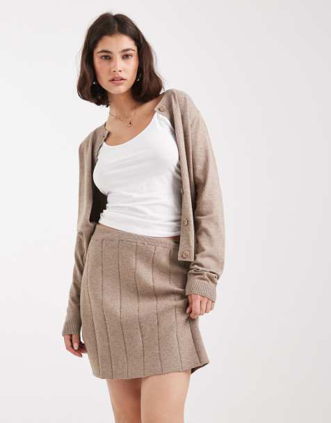 Object fine gauge knitted mini skirt co-ord in taupe melange - view 1
