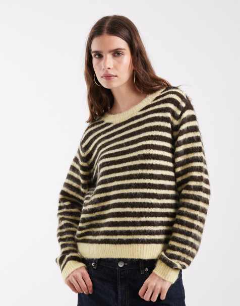 Object flauschiger Strickpullover in Gelb mit braunen Streifen - view 1