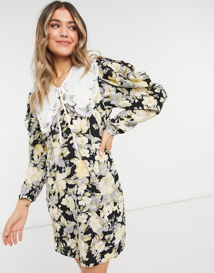 Object floral dress with collar-Multi