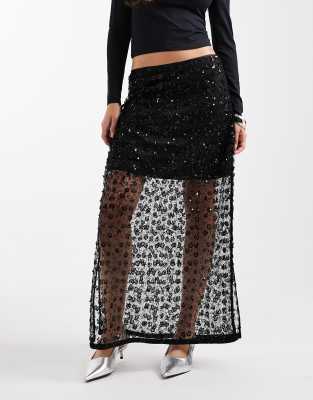 Object Floral Embellished Sequin Midi Skirt In Black