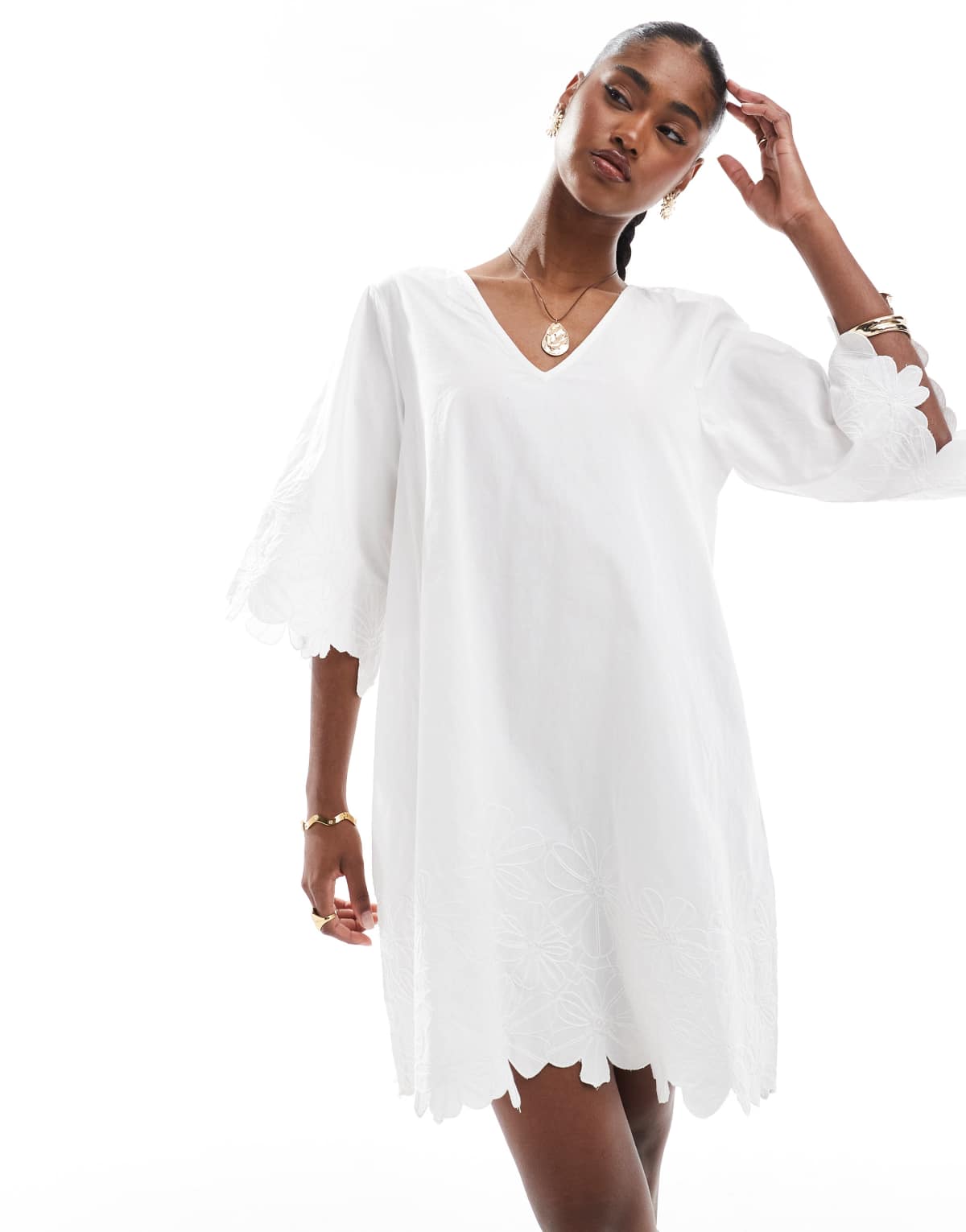 Object floral embroidered cutwork mini dress in white