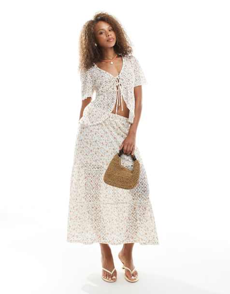 Object floral printed pointelle tie front top and skirt co-ord in cream flower - view 1