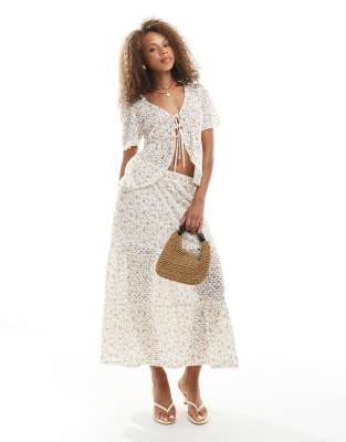 Object Floral Printed Pointelle Tie Front Top