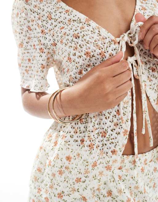 Object floral printed pointelle tie front top in cream flower - part of a set, 3 of 4