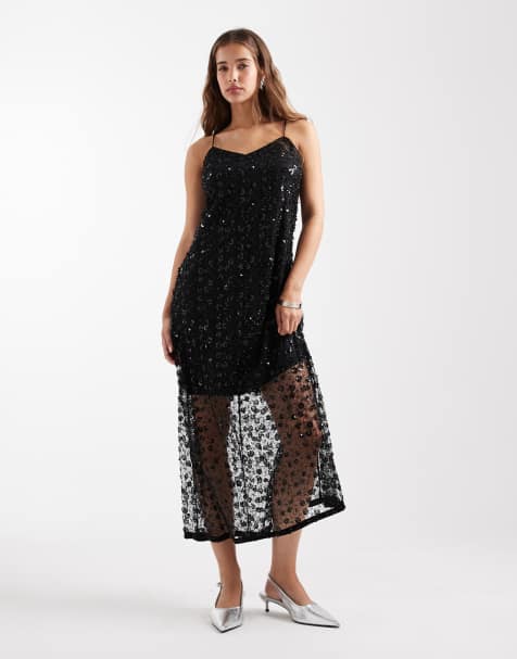 Object floral sequin embellished cami maxi dress in black  - view 1