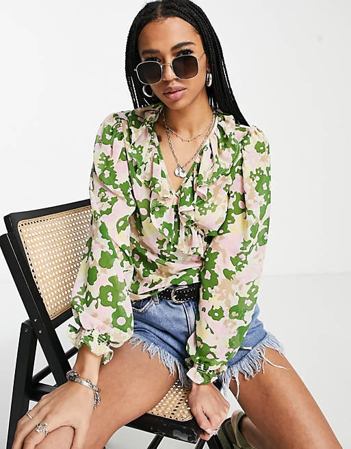 Object floral wrap-front blouse in green