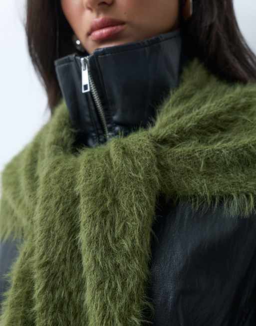 Object fluffy textured scarf in olive green, 3 of 3