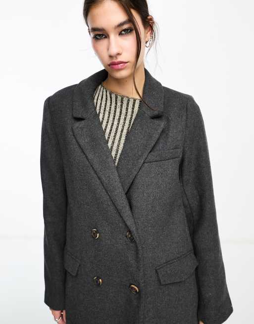 Object formal twill double breasted longline coat in dark grey ASOS