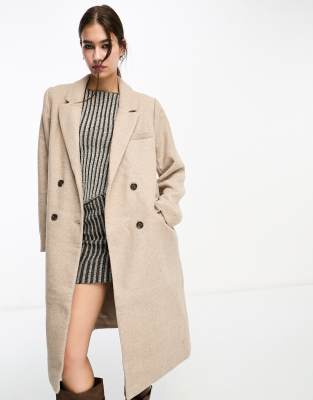 Object Formal Twill Double Breasted Longline Wool Coat In Stone-Neutral