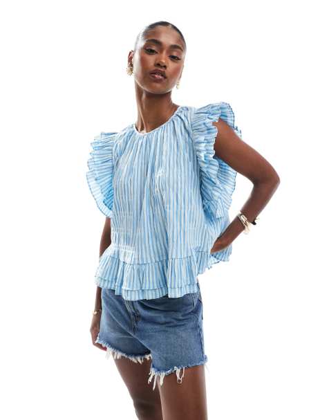 Object frill detail blouse in bright blue stripe - view 1