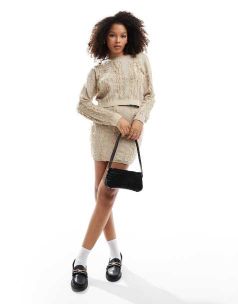 Object fringed knitted jumper and mini skirt set in cream - view 1