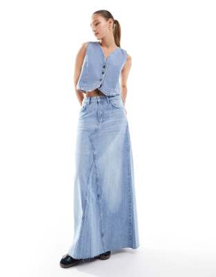 full denim maxi skirt in light blue wash - part of a set