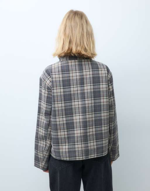 Object funnel neck reversible check short trench coat in brown, 3 of 4