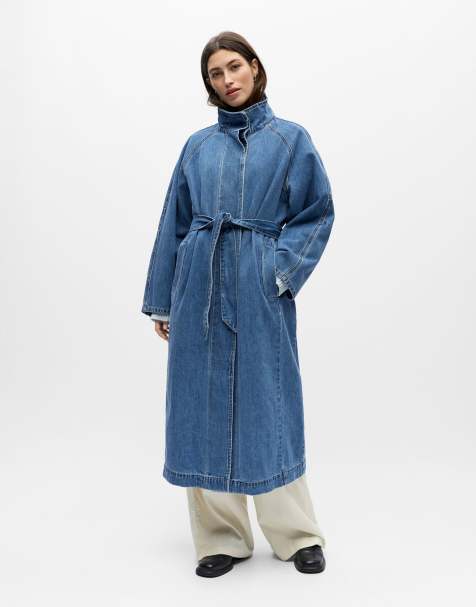 Object funnel neck trench coat in medium blue denim - view 1
