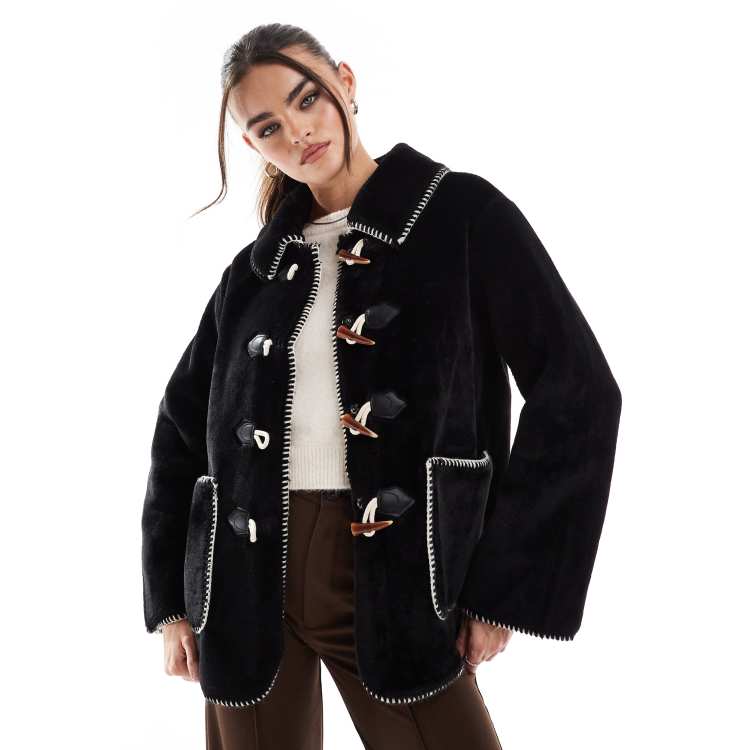 Object fur jacket with toggle fastenings in black ASOS