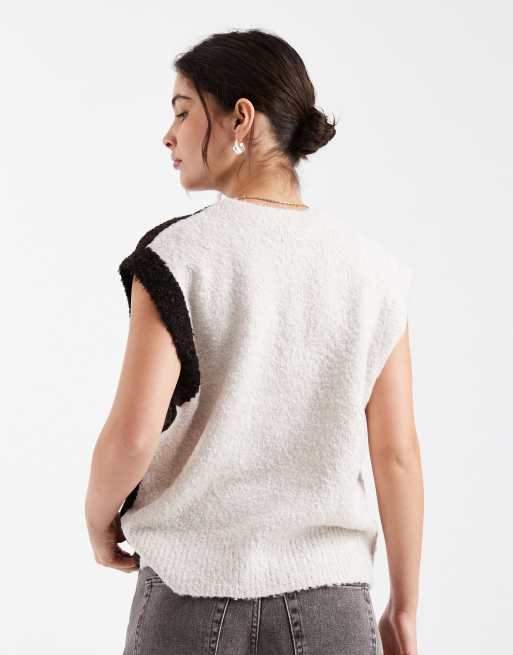 Object - Gebreid bouclé vest met contrast in chocoladebruin en crème, 2 van 4