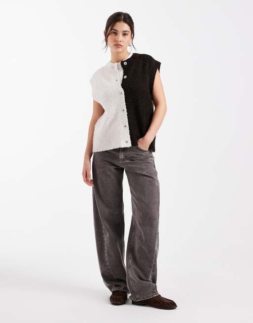 Object - Gebreid bouclé vest met contrast in chocoladebruin en crème, 3 van 4