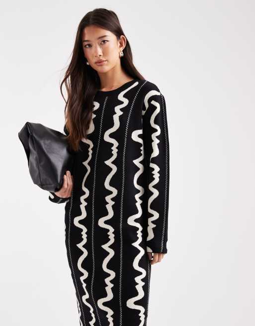 Object - Gebreide midi jurk met abstracte print in zwart-wit, 4 van 4