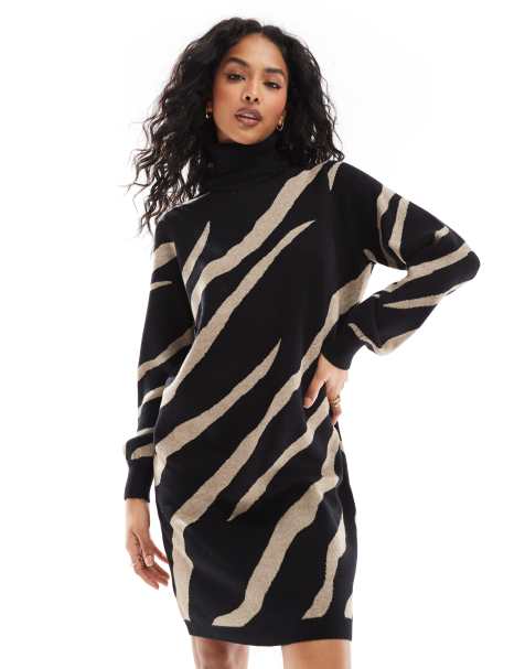 Object - Gebreide midi jurk met col in abstracte zebraprint - view 1