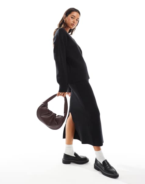 Object - Gebreide midi rok met structuur van co-ord set in zwart - view 1
