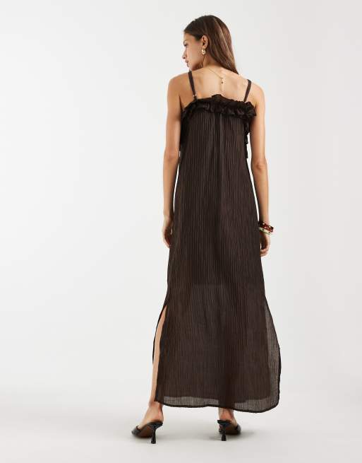 Object - Gelaagde maxi cami-jurk met textuur en ruches in chocoladebruin, 4 van 4
