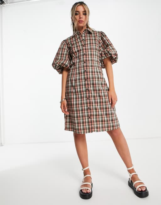 Object - Geruite mini-jurk met pofmouwen in kaki