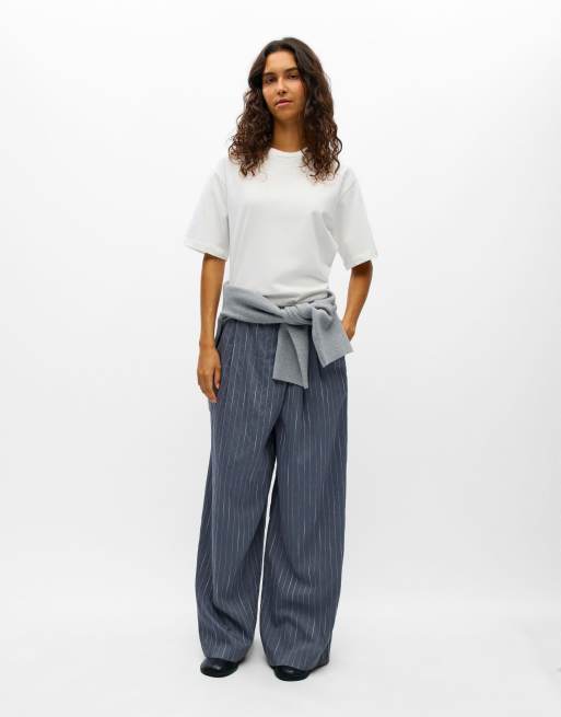 Object gestreepte broek met hoge taille en wijde pijpen in grijs, 3 van 5