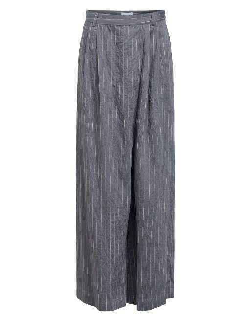 Object gestreepte broek met hoge taille en wijde pijpen in grijs, 5 van 5