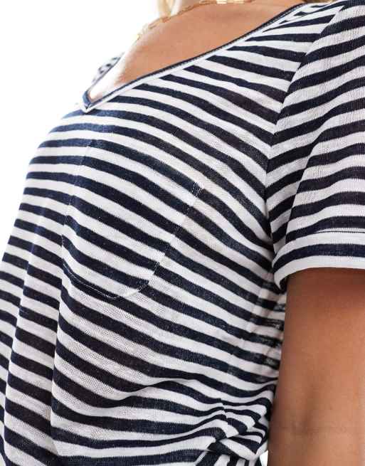 Object – Gestreiftes T-Shirt in Marineblau und Weiß mit V-Ausschnitt , 4 von 4