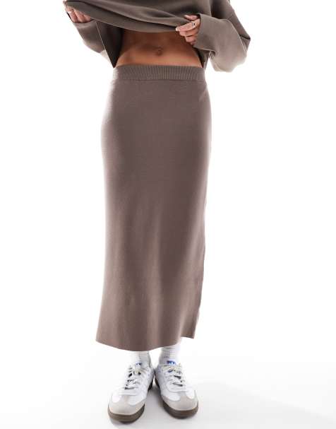 Object - Gestructureerde gebreide midirok in taupe, deel van co-ord set - view 1