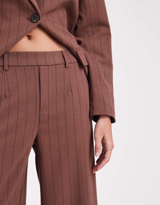Object - Getailleerde broek met wijde pijpen in chocoladebruin met krijtstreep, deel van co-ord set, 3 van 5
