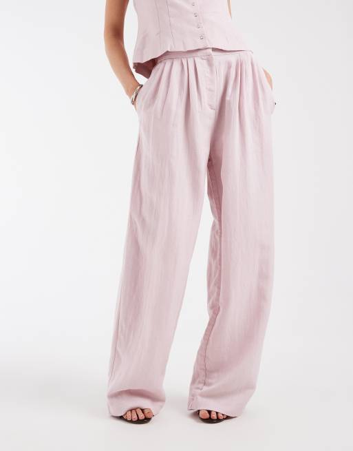 Object - Getailleerde losvallende broek met linnenlook en geplooide voorkant in lichtroze, deel van co-ord set, 4 van 5