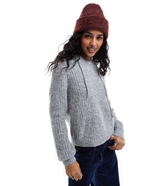 Object - Gilet chunky en maille côtelée à capuche - Gris clair - view 1