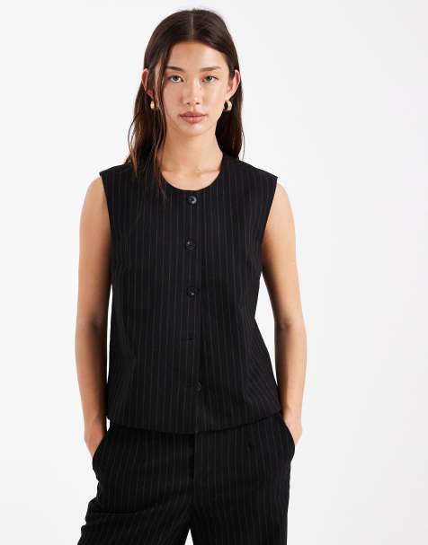 Object - Gilet met o-hals in zwart met grijze krijtstreep, deel van co-ord set - view 1