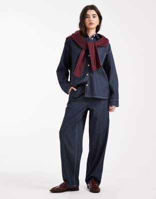 Object - Gina - Barrel-Leg-Jeans mit Taillenschnürung und Rinse-Waschung, Kombiteil-Marineblau