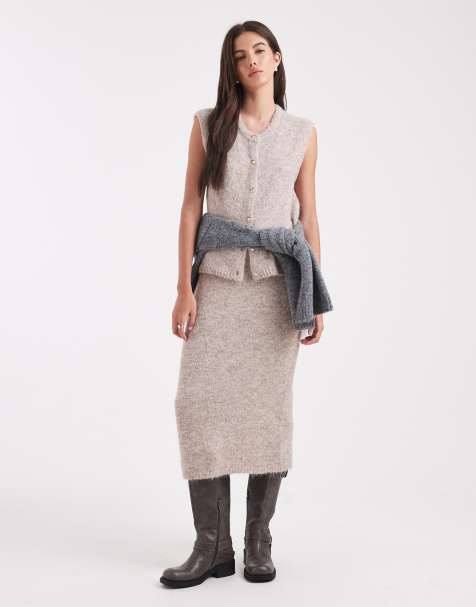 Object gold button front detail knit tank top and maxi skirt set in hummus melange - view 1