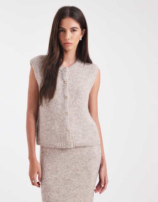 Object gold button front detail knitted vest co-ord in hummus melange, 4 of 4