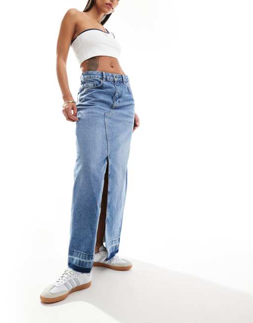 Object - Gonna lunga in denim blu medio con spacco sul davanti