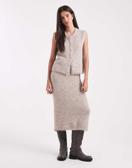 Object - Gonna lunga in maglia color hummus mélange in coordinato