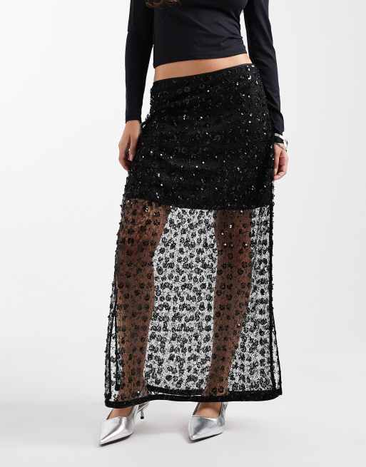 Object - Gonna midi nera con paillettes e motivo floreale, 2 di 4