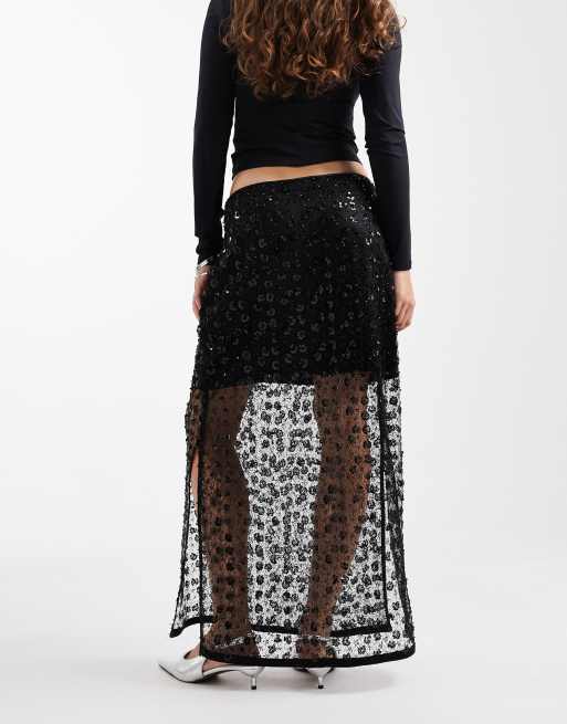 Object - Gonna midi nera con paillettes e motivo floreale, 4 di 4