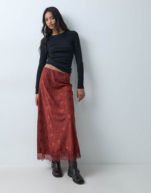 Object gonna satinata a fantasia con bordo in pizzo color rame, 1 di 5