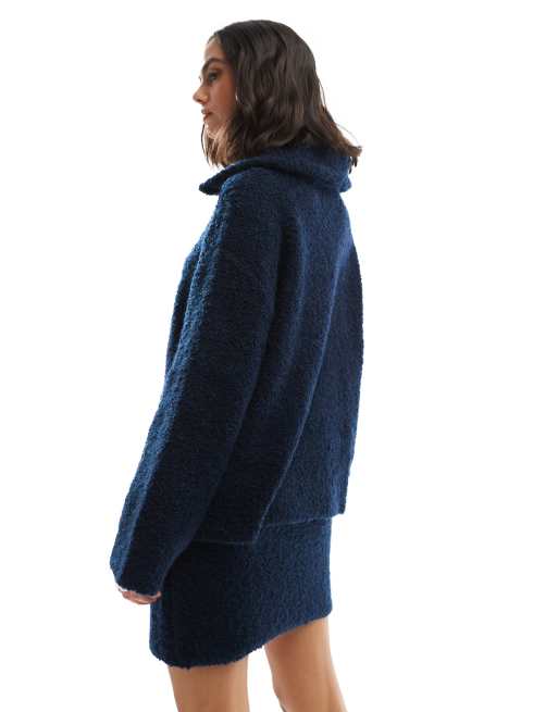 Object – Granatowy sweter z dzianiny boucle z zamkiem pod szyją, część zestawu, 4 z 4