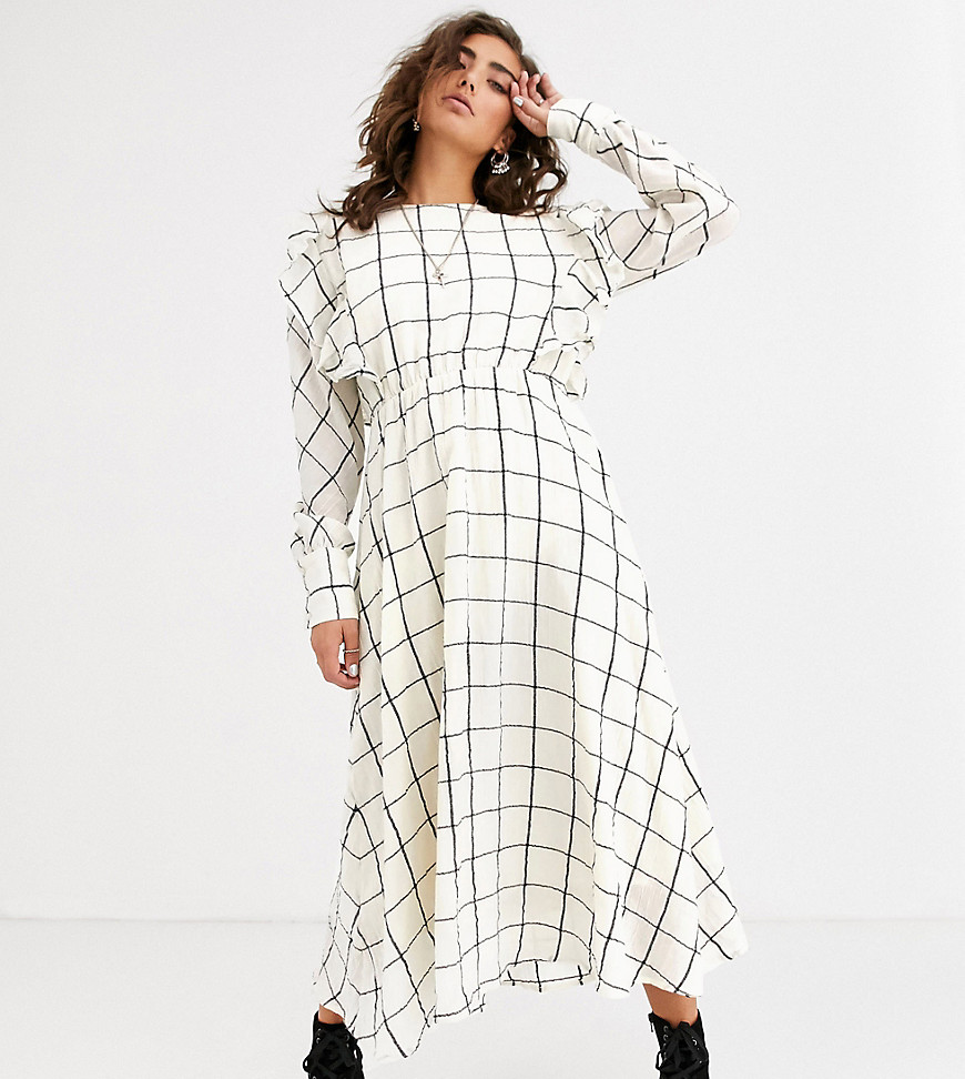 Object grid check midi dress with ruffle detail-Cream