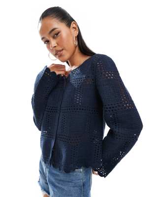 Object - Häkel-Strickjacke in Marineblau-Weiß