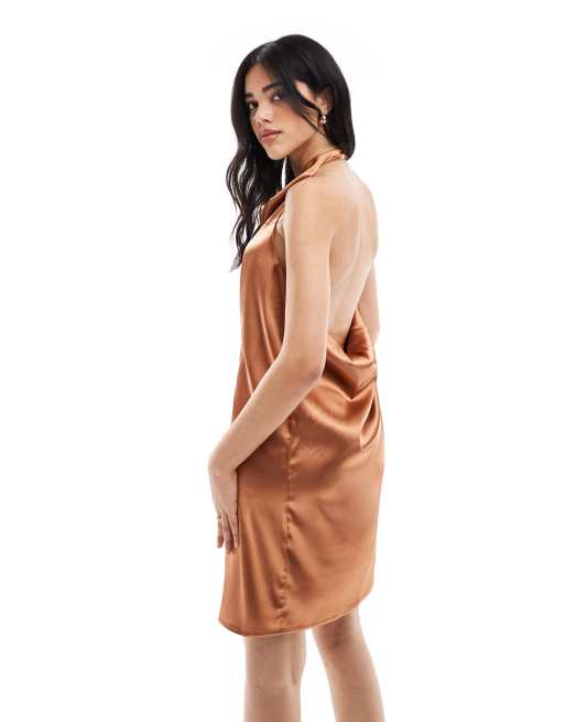 Object halter neck mini slip dress in spice brown, 2 of 4