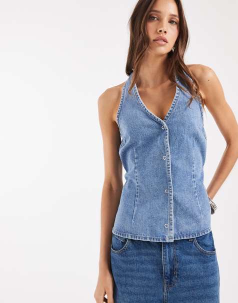 Object halter neck tie waist denim top in medium blue wash - view 1