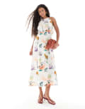 [Object] Object halterneck midi dress with tie side detail in warm postcard print-White 34 Sandshell aop