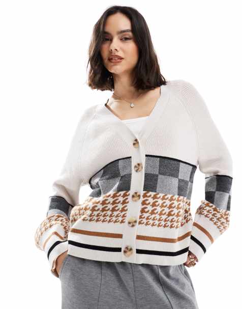 Object - Havrefarvet strikket cardigan med abstrakt intarsia-mønster i firkantet pasform - view 1