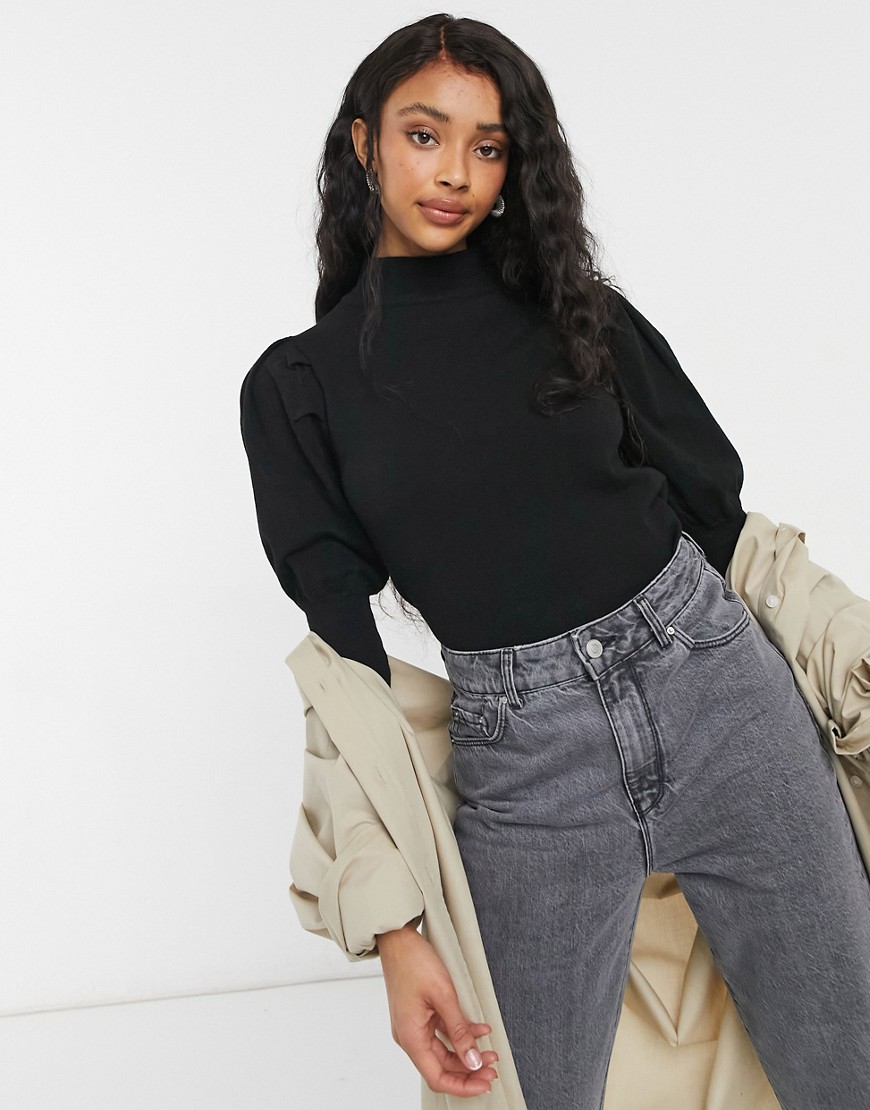 Object high neck knitted top with puff sleeve in black